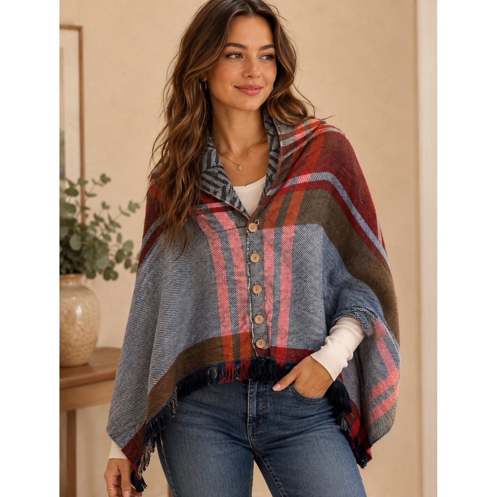 Rustic Plaid Button Poncho Scarf Wrap Shall Boho Yellowstone Ranch Fall Sz OS